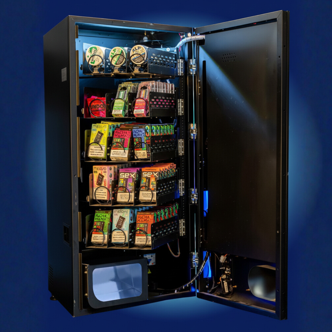 Open vending machine cabinet showing stocked adjustable product trays and internal components
