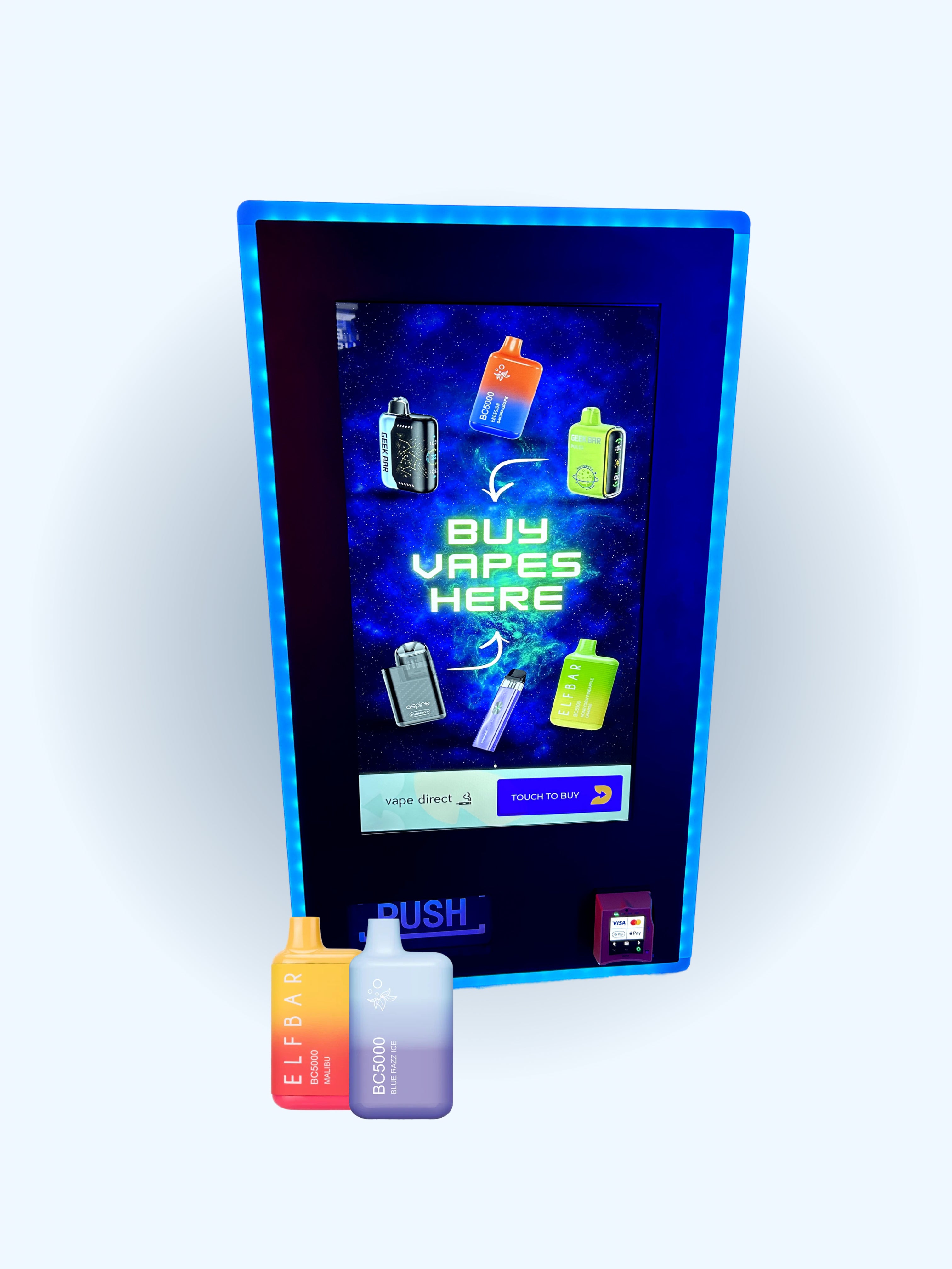 Wall-mounted vape vending machine with illuminated display and cashless card reader